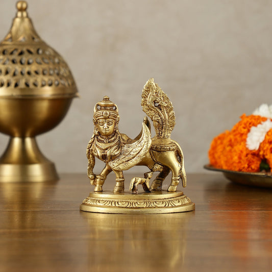 Brass Handcrafted Kamdhenu Cow with Calf Idol - Gold Finish, Divine Symbol of Abundance - Budhshiv.com