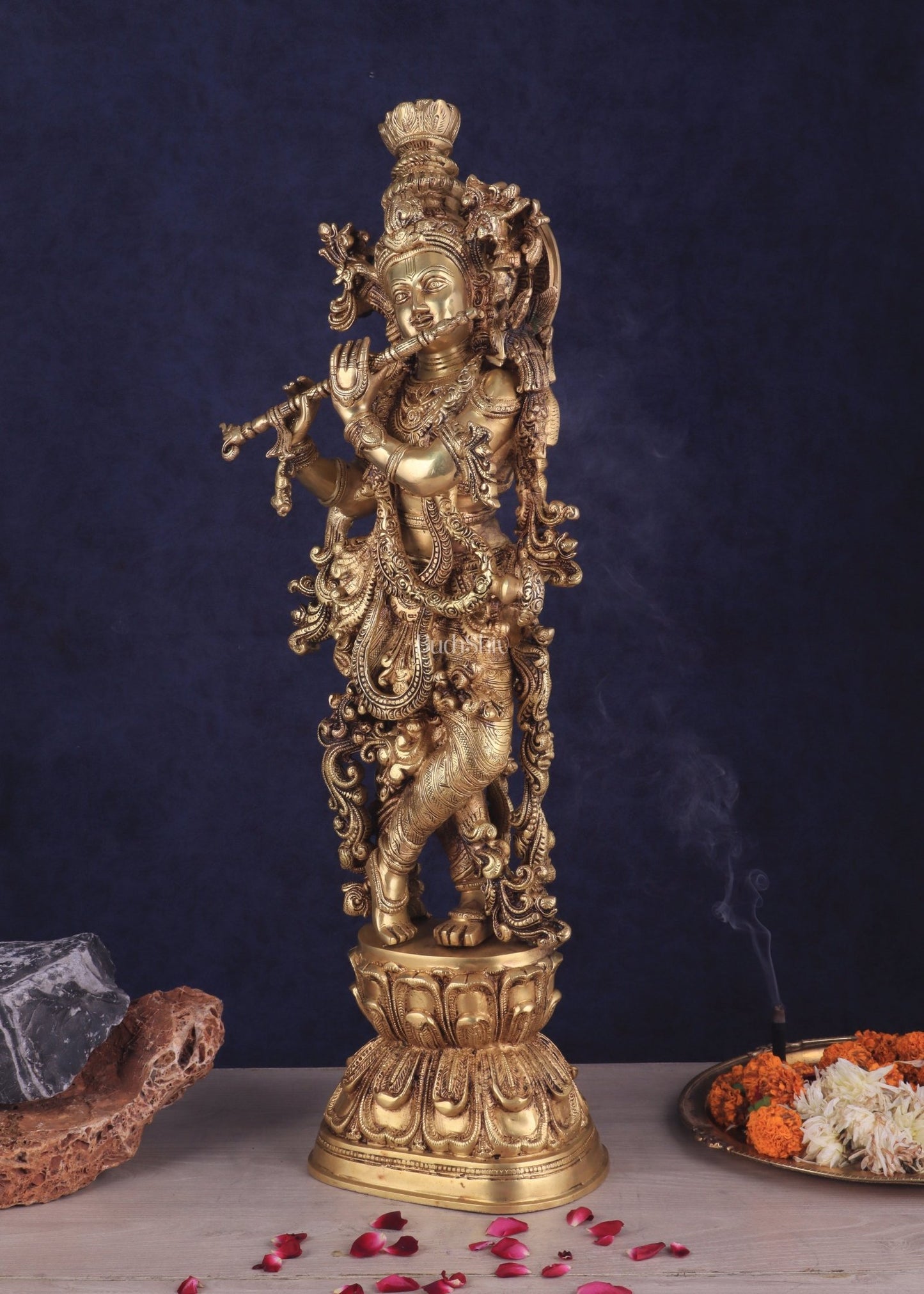 Brass Handcrafted Krishna Playing Flute Idol – 29 Inch | 18 kg - Budhshiv.com