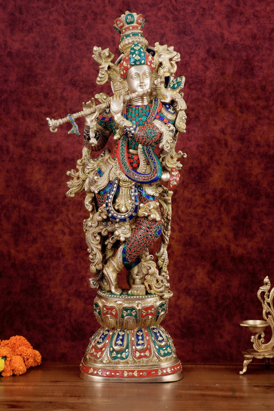 Brass Handcrafted Krishna Playing Flute Statue - 29" Tall - Budhshiv.com