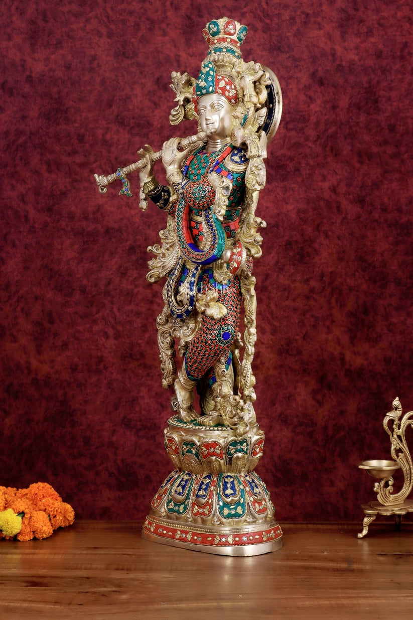 Brass Handcrafted Krishna Playing Flute Statue - 29