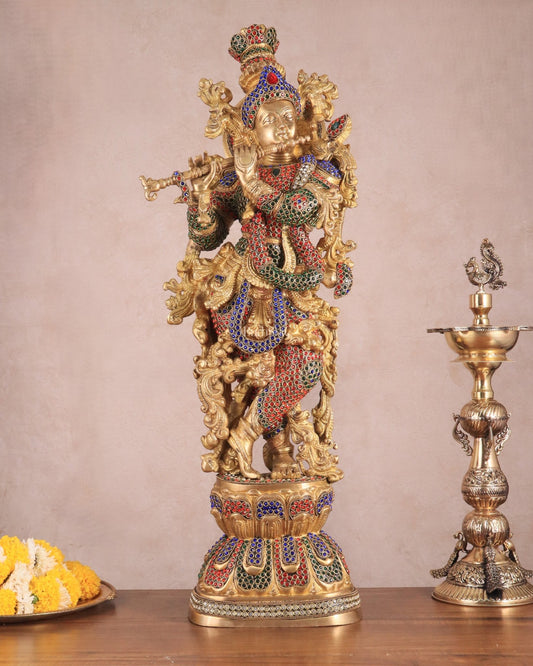 Brass Handcrafted Krishna Statue - 30" jewel work - Budhshiv.com