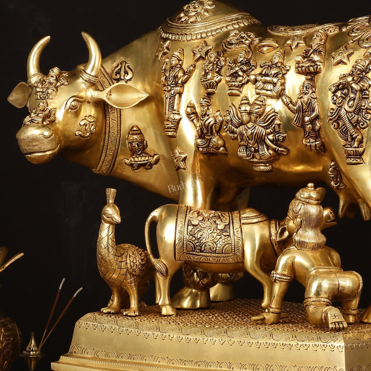 Brass Handcrafted Large Cow with Calf and Hindu Deities 20 inch - Budhshiv.com