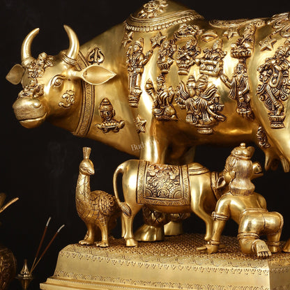 Brass Handcrafted Large Cow with Calf and Hindu Deities 20 inch - Budhshiv.com