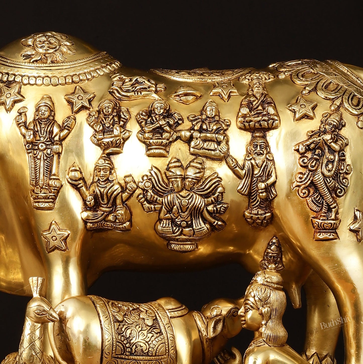 Brass Handcrafted Large Cow with Calf and Hindu Deities 20 inch - Budhshiv.com
