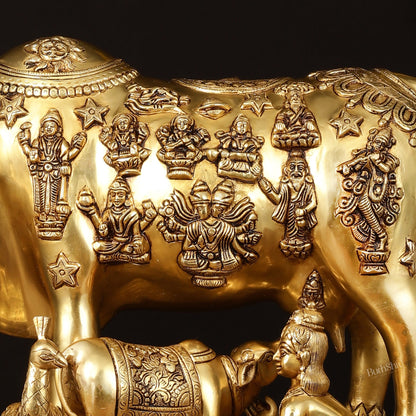 Brass Handcrafted Large Cow with Calf and Hindu Deities 20 inch - Budhshiv.com