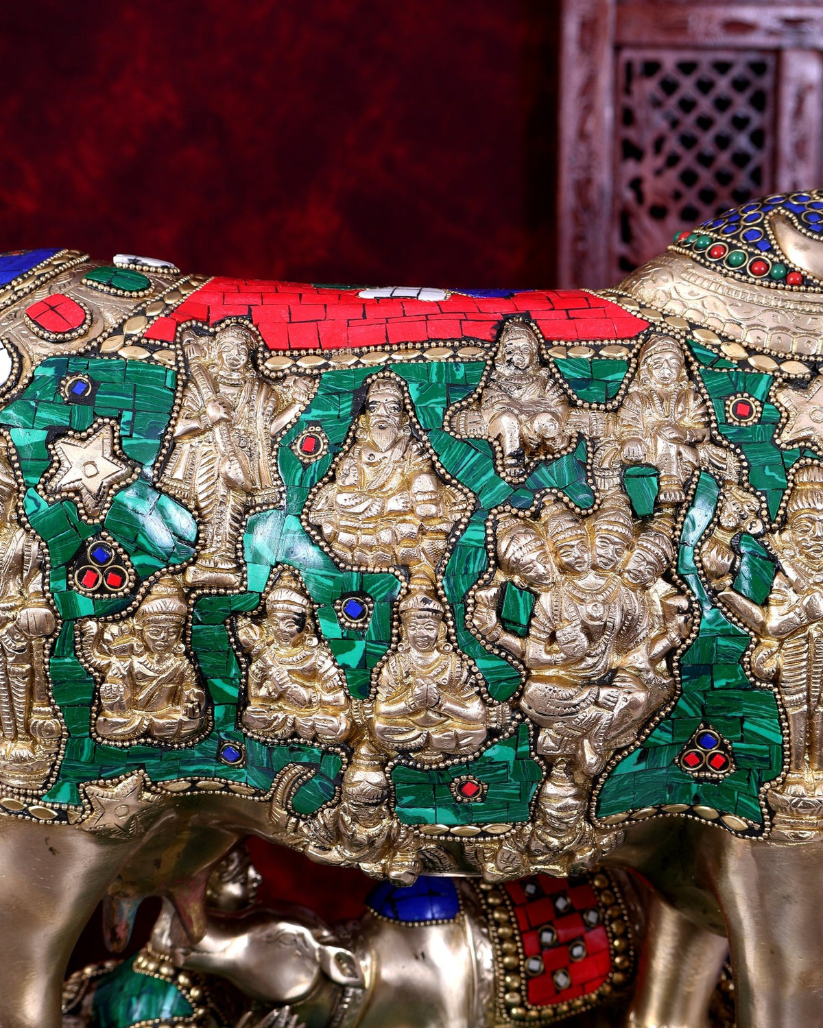 Brass Handcrafted Large-Sized Cow with Calf Engraved with Hindu Deities 20 inch - Budhshiv.com