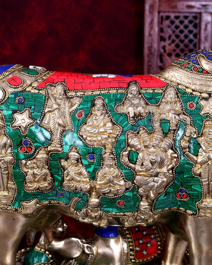 Brass Handcrafted Large-Sized Cow with Calf Engraved with Hindu Deities 20 inch - Budhshiv.com