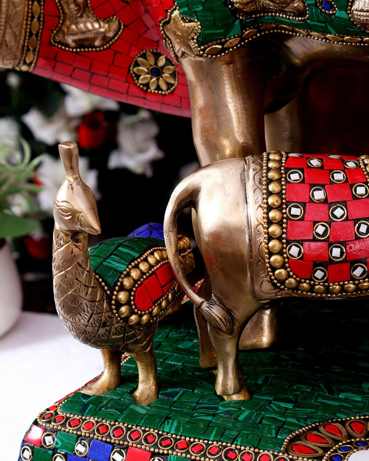 Brass Handcrafted Large-Sized Cow with Calf Engraved with Hindu Deities 20 inch - Budhshiv.com