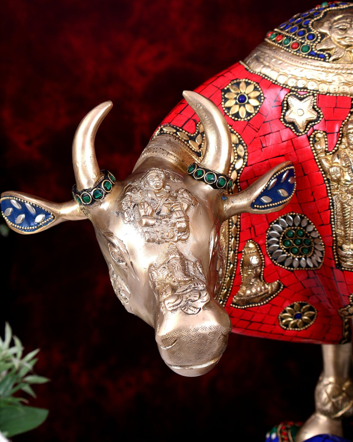 Brass Handcrafted Large-Sized Cow with Calf Engraved with Hindu Deities 20 inch - Budhshiv.com