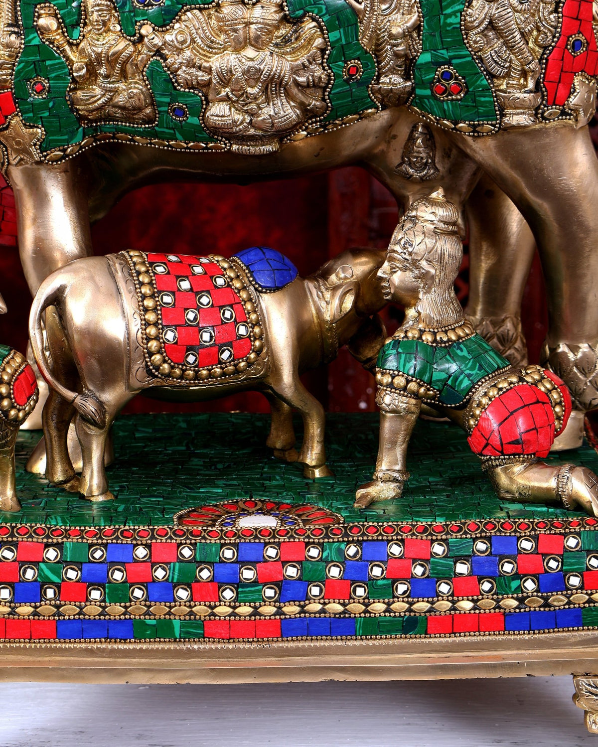 Brass Handcrafted Large-Sized Cow with Calf Engraved with Hindu Deities 20 inch - Budhshiv.com