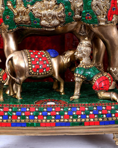 Brass Handcrafted Large-Sized Cow with Calf Engraved with Hindu Deities 20 inch - Budhshiv.com