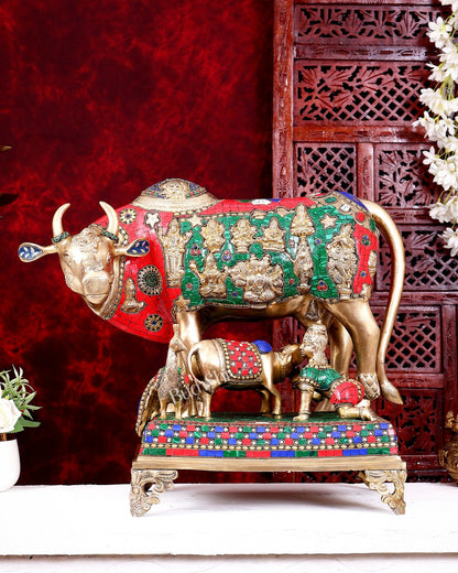 Brass Handcrafted Large-Sized Cow with Calf Engraved with Hindu Deities 20 inch - Budhshiv.com