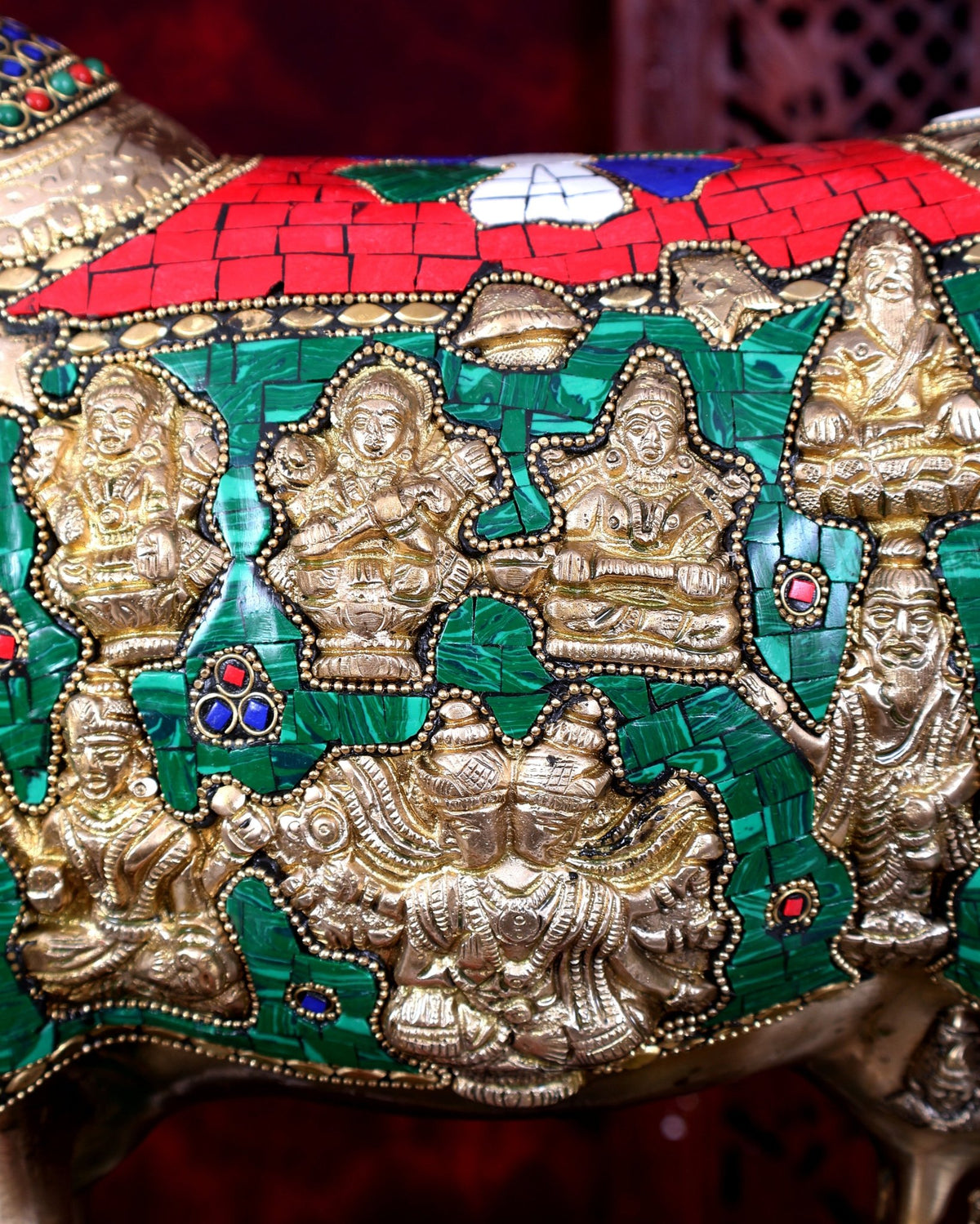 Brass Handcrafted Large-Sized Cow with Calf Engraved with Hindu Deities 20 inch - Budhshiv.com