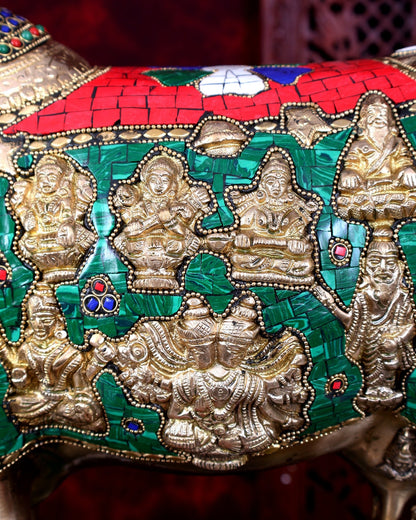 Brass Handcrafted Large-Sized Cow with Calf Engraved with Hindu Deities 20 inch - Budhshiv.com