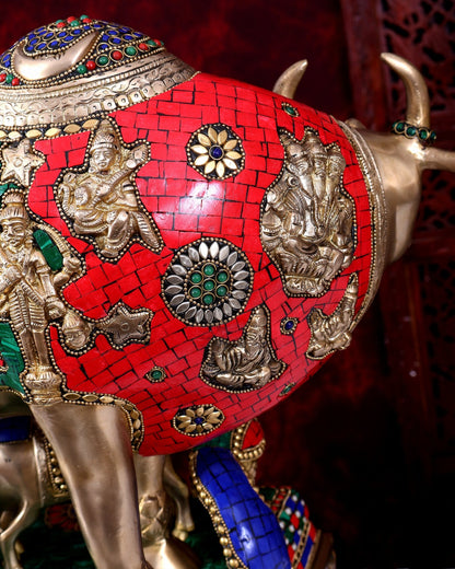 Brass Handcrafted Large-Sized Cow with Calf Engraved with Hindu Deities 20 inch - Budhshiv.com