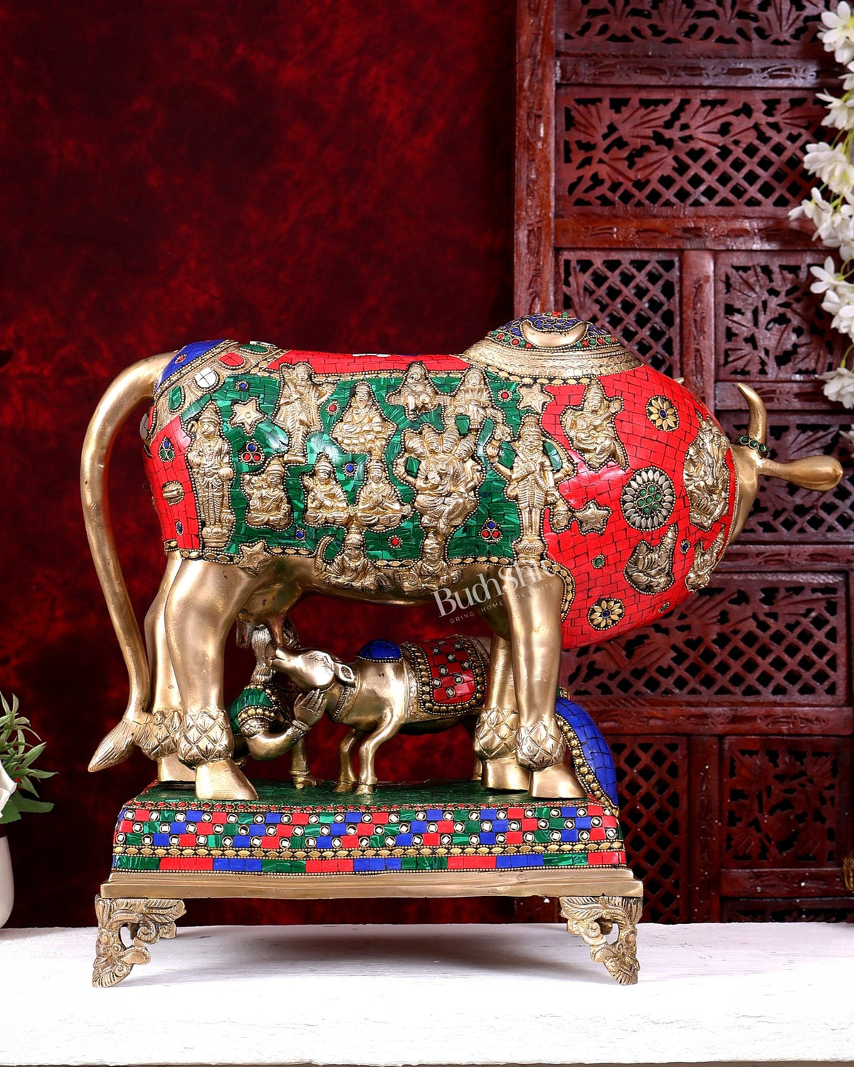 Brass Handcrafted Large-Sized Cow with Calf Engraved with Hindu Deities 20 inch - Budhshiv.com