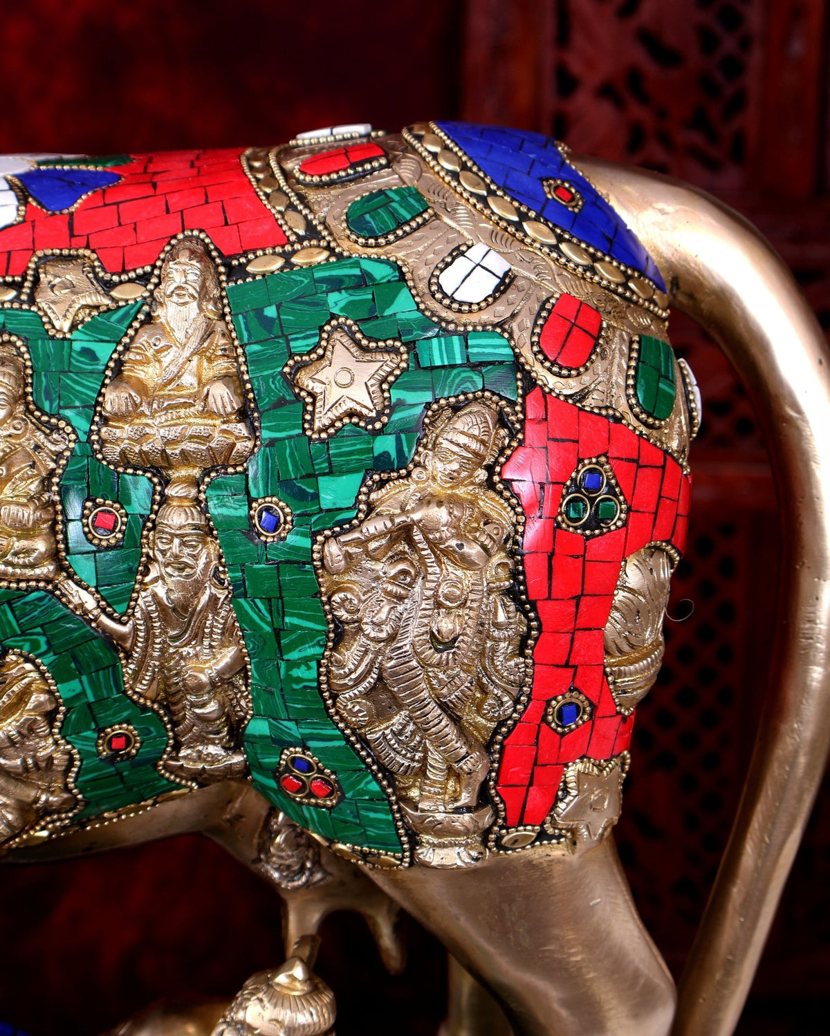 Brass Handcrafted Large-Sized Cow with Calf Engraved with Hindu Deities 20 inch - Budhshiv.com