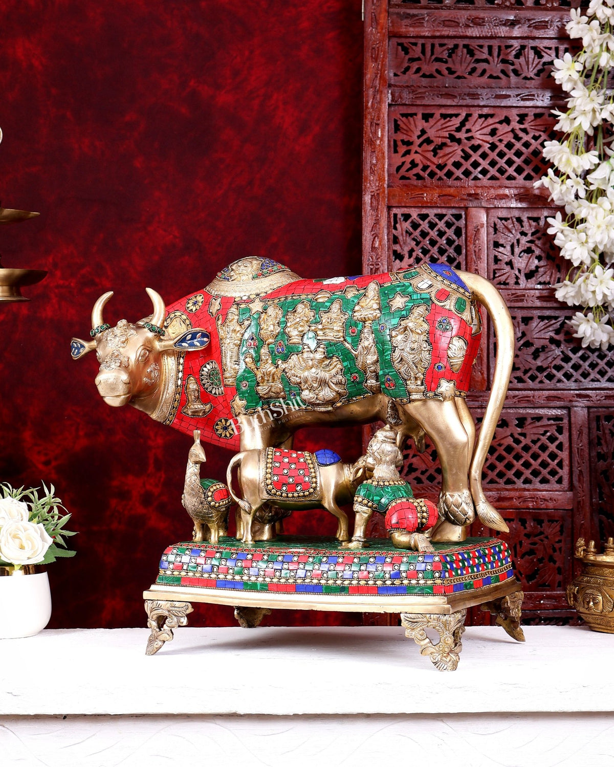 Brass Handcrafted Large-Sized Cow with Calf Engraved with Hindu Deities 20 inch - Budhshiv.com