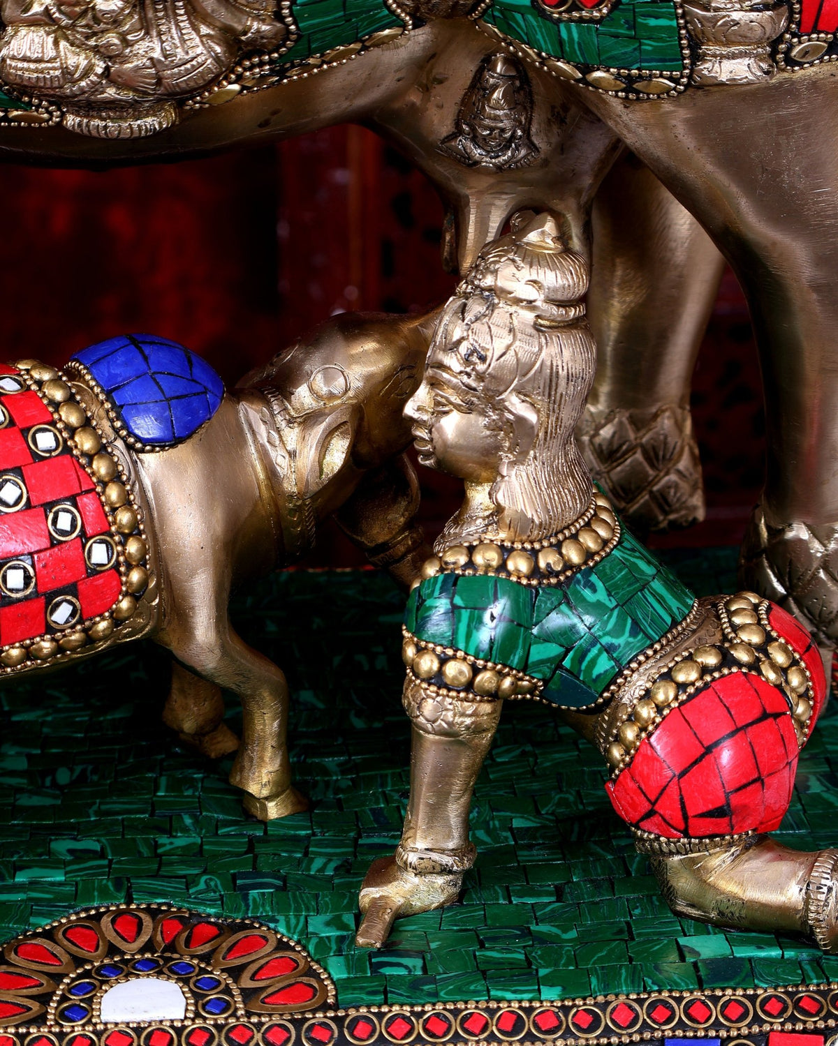 Brass Handcrafted Large-Sized Cow with Calf Engraved with Hindu Deities 20 inch - Budhshiv.com