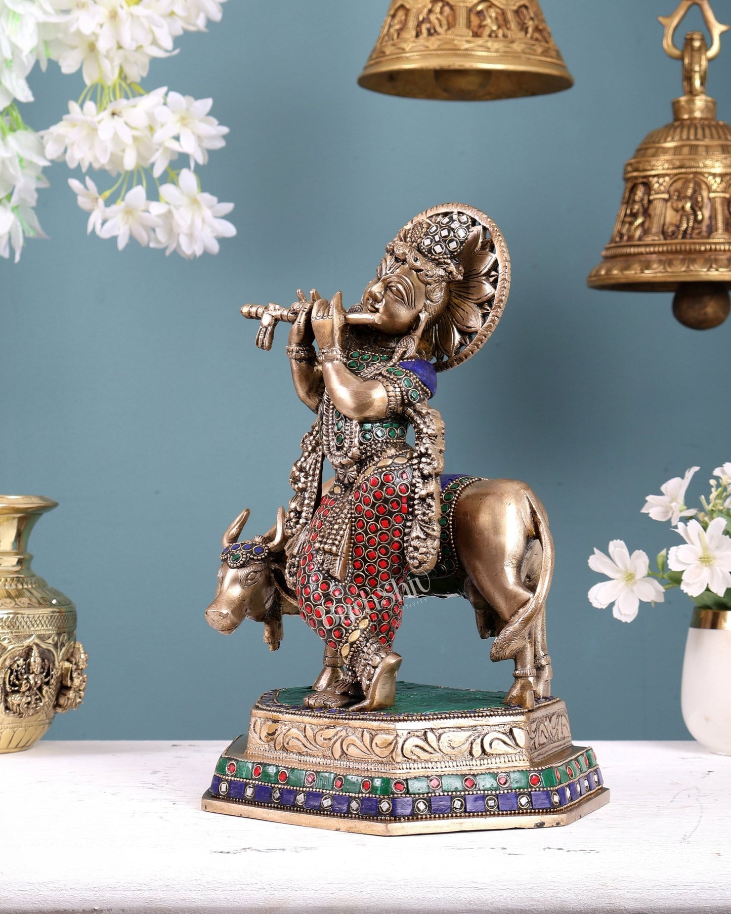 Brass Handcrafted Lord Krishna with Cow | 11.5" with stonework - Budhshiv.com