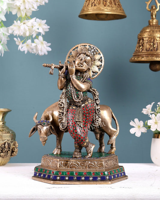 Brass Handcrafted Lord Krishna with Cow | 11.5" with stonework - Budhshiv.com