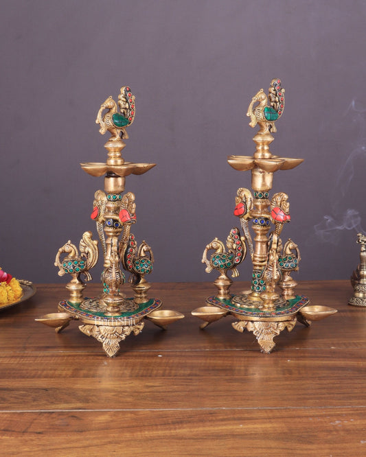 Brass Handcrafted Peacock Diya with Eight Diyas | 12 Inch - Budhshiv.com