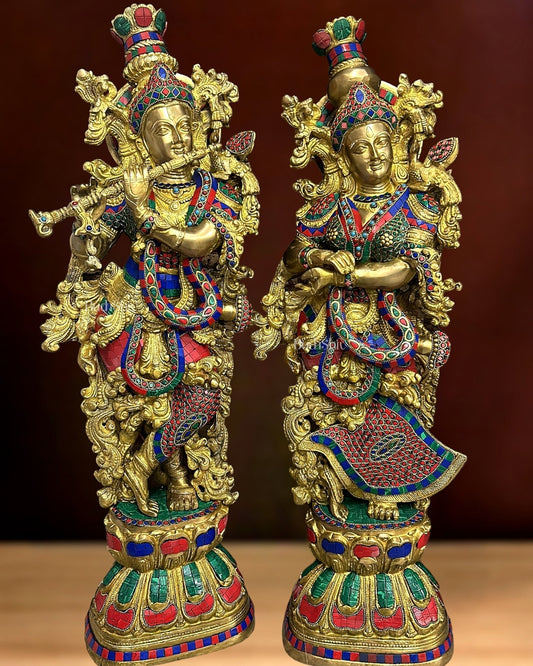 Brass Handcrafted Radha Krishna Idols with Beautiful Meenakari Stonework - 29" Tall, 33 kg Pair - Budhshiv.com