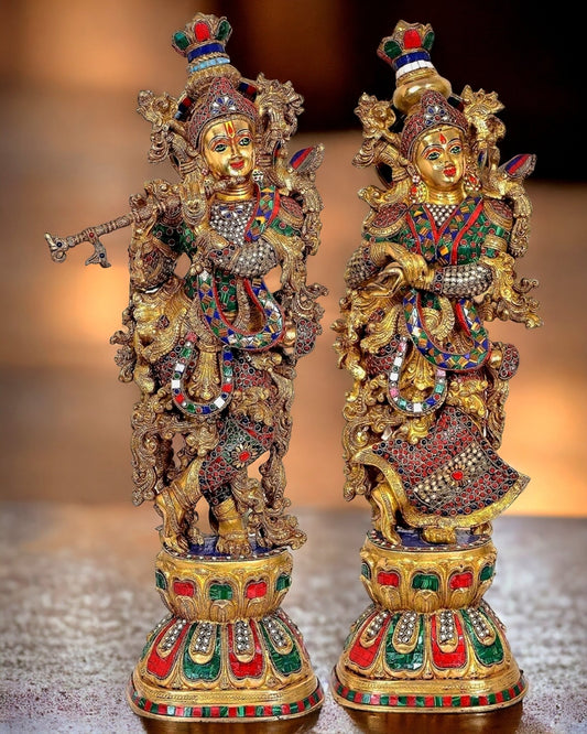 Brass Handcrafted Radha Krishna statue pair with Meenakari - 29" Tall, 33 kg Pair - Budhshiv.com