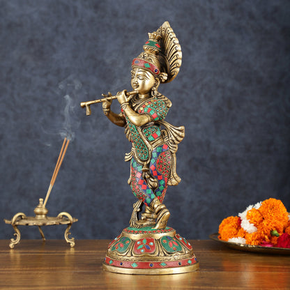 Brass Handcrafted Shri Krishna idol - 15 " stonework - Budhshiv.com