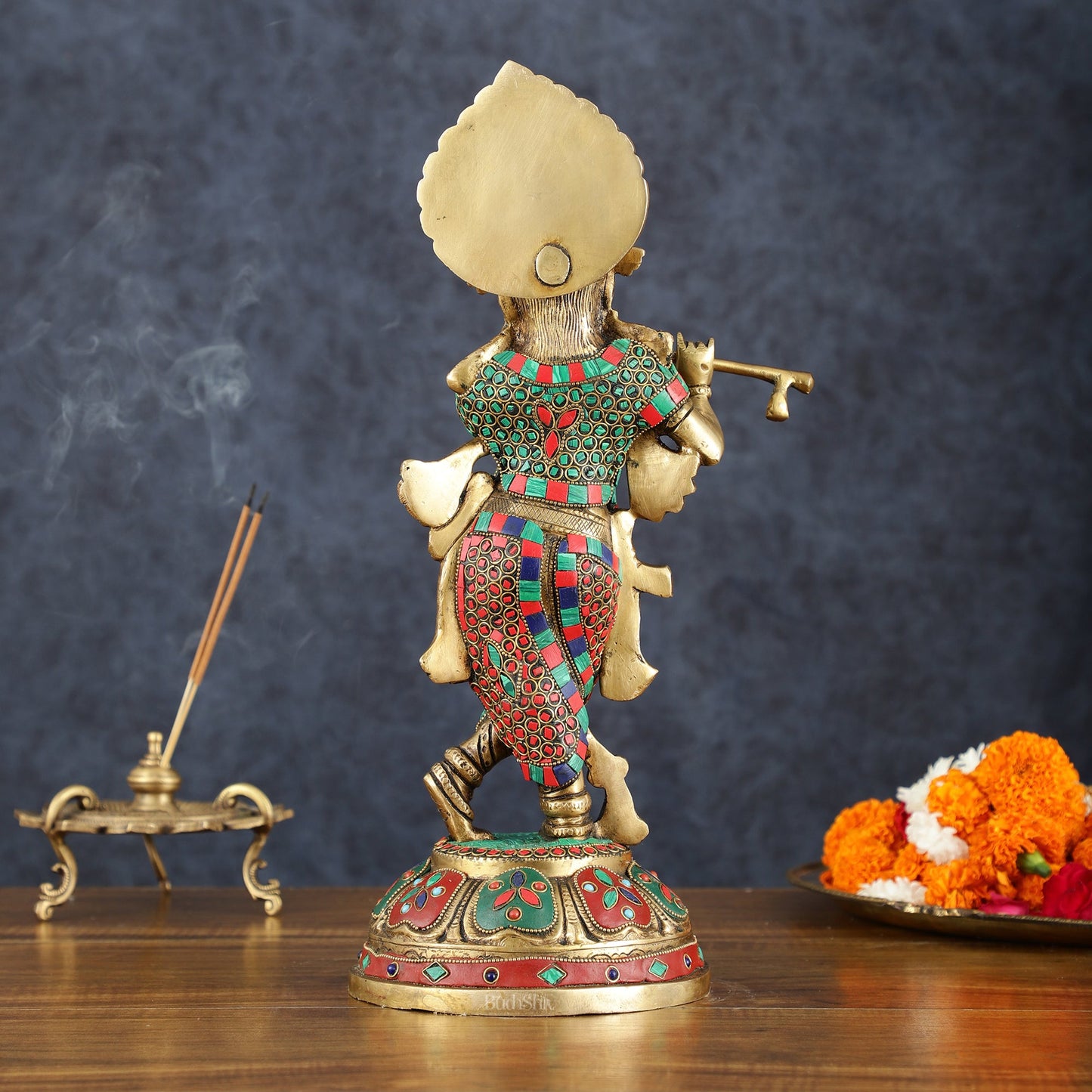 Brass Handcrafted Shri Krishna idol - 15 " stonework - Budhshiv.com