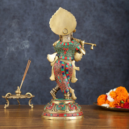Brass Handcrafted Shri Krishna idol - 15 " stonework - Budhshiv.com