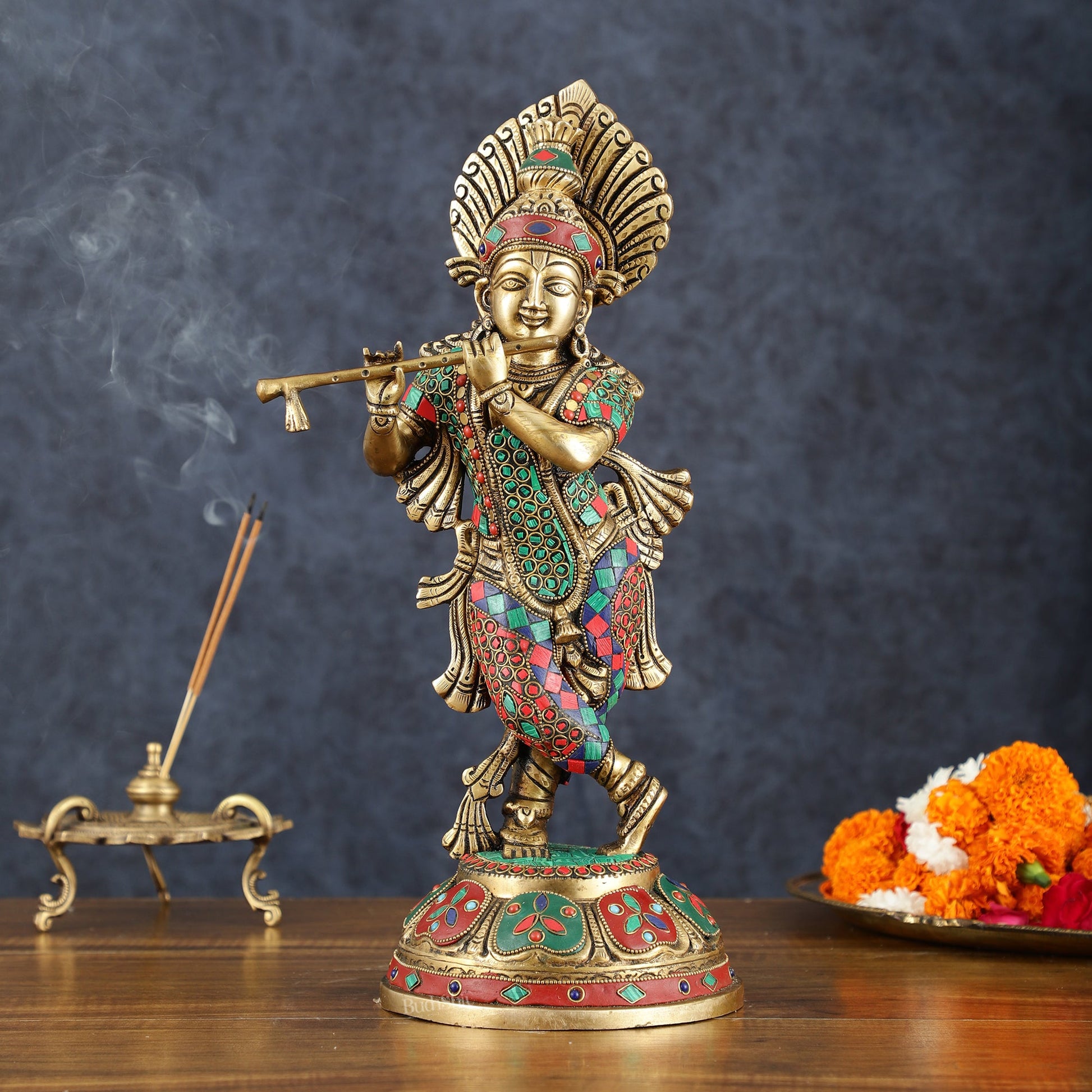 Brass Handcrafted Shri Krishna idol - 15 " stonework - Budhshiv.com