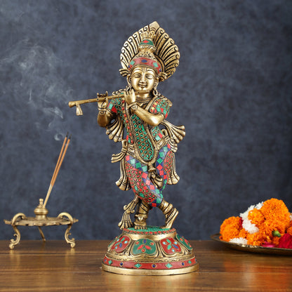 Brass Handcrafted Shri Krishna idol - 15 " stonework - Budhshiv.com