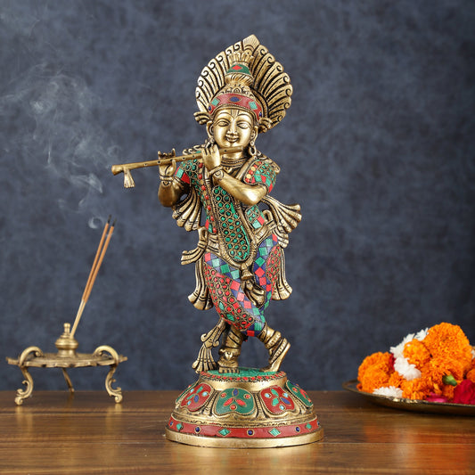 Brass Handcrafted Shri Krishna idol - 15 " stonework - Budhshiv.com