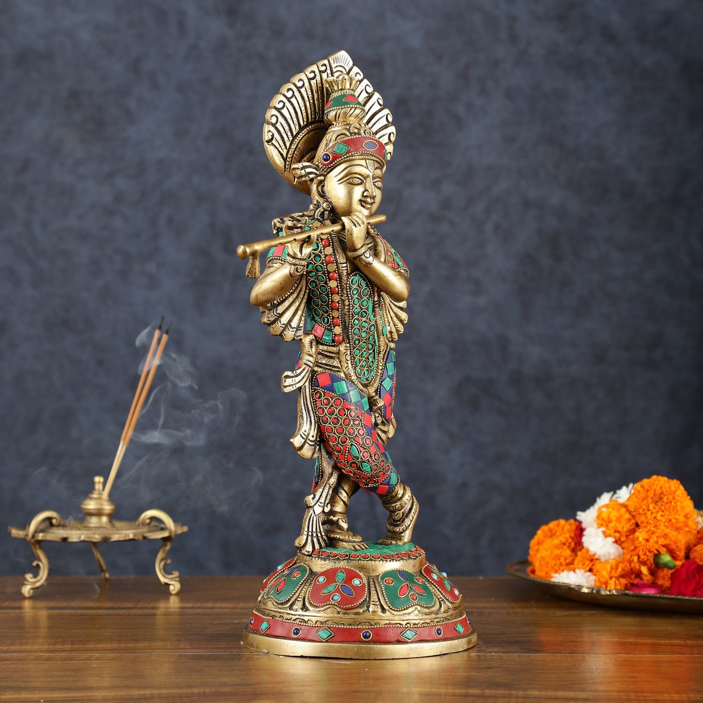 Brass Handcrafted Shri Krishna idol - 15 " stonework - Budhshiv.com