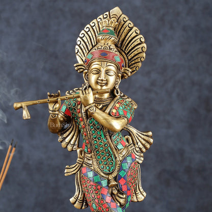 Brass Handcrafted Shri Krishna idol - 15 " stonework - Budhshiv.com