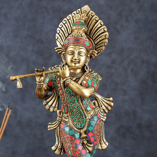 Brass Handcrafted Shri Krishna idol - 15 " stonework - Budhshiv.com