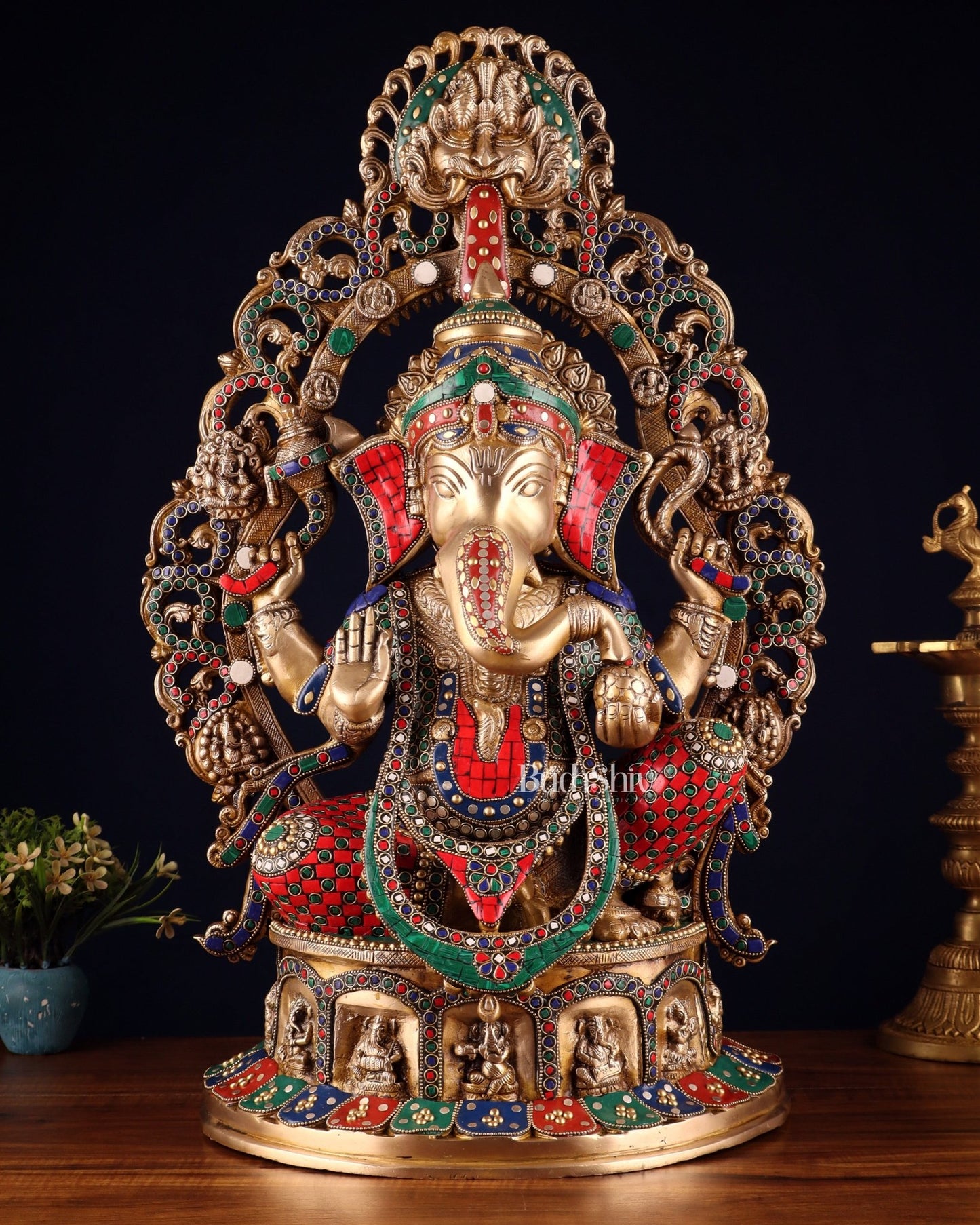 Brass Handcrafted Superfine Lord Ganesha Statue - 26 inch with stonework - Budhshiv.com