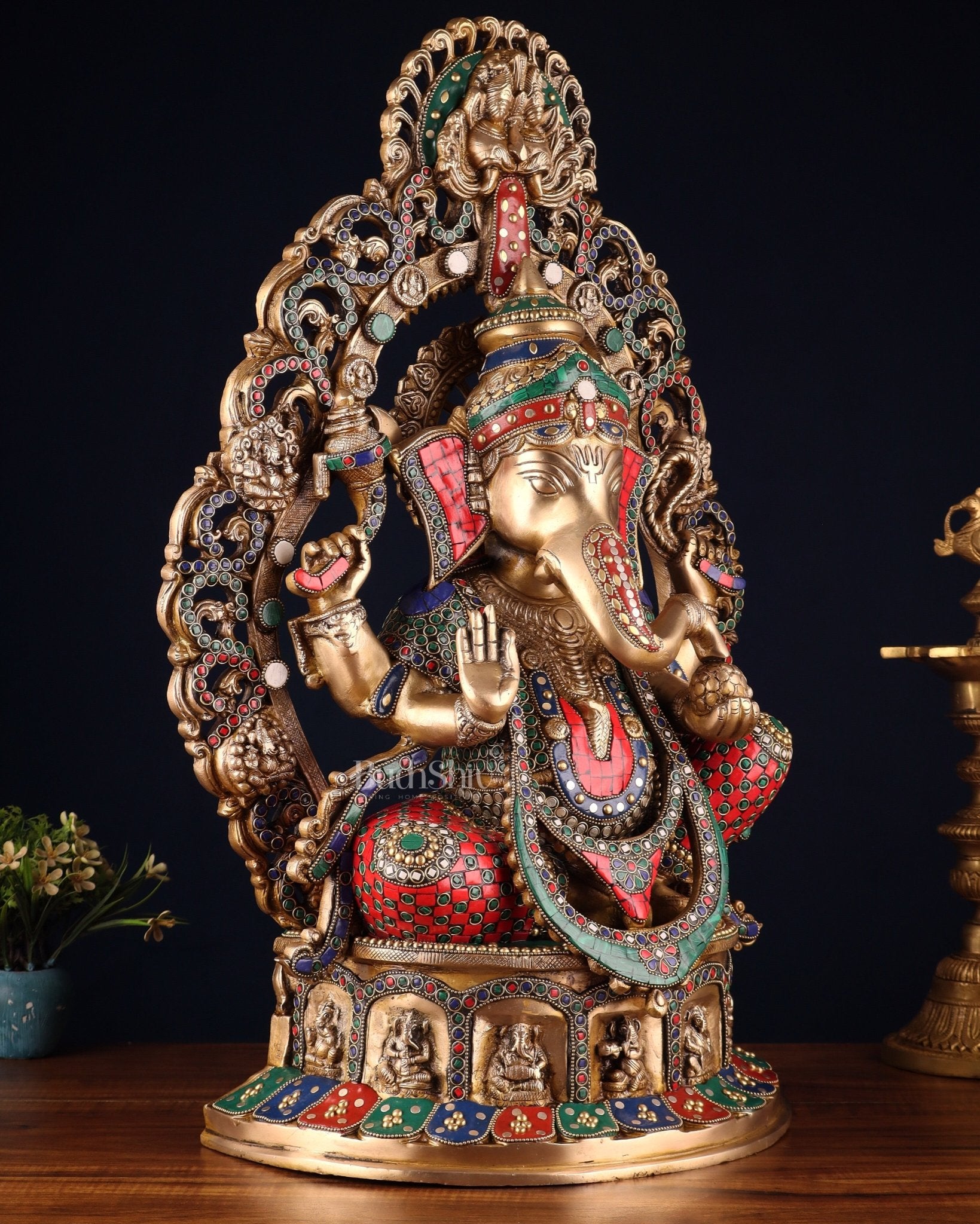 Brass Handcrafted Superfine Lord Ganesha Statue - 26 inch with stonework - Budhshiv.com