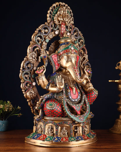 Brass Handcrafted Superfine Lord Ganesha Statue - 26 inch with stonework - Budhshiv.com