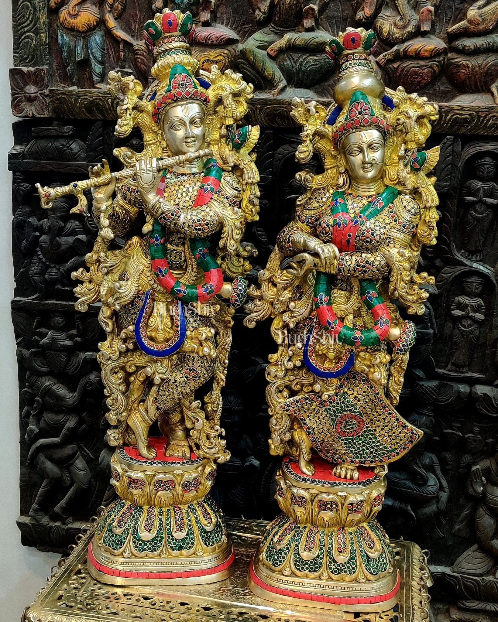 Brass Handmade Radha Krishna Idol Pair with Meenakari Stonework - 30 Inch - Budhshiv.com