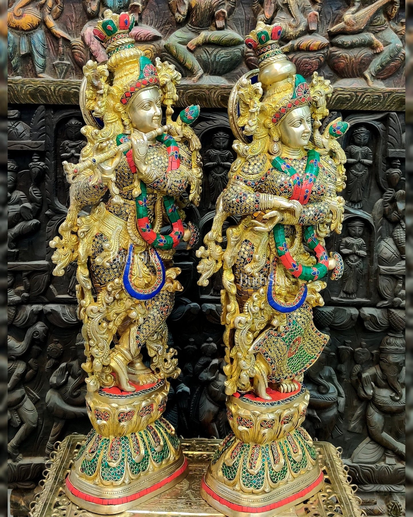 Brass Handmade Radha Krishna Idol Pair with Meenakari Stonework - 30 Inch - Budhshiv.com