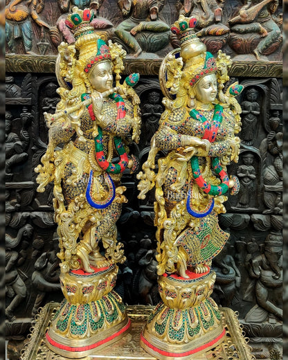 Brass Handmade Radha Krishna Idol Pair with Meenakari Stonework - 30 Inch - Budhshiv.com