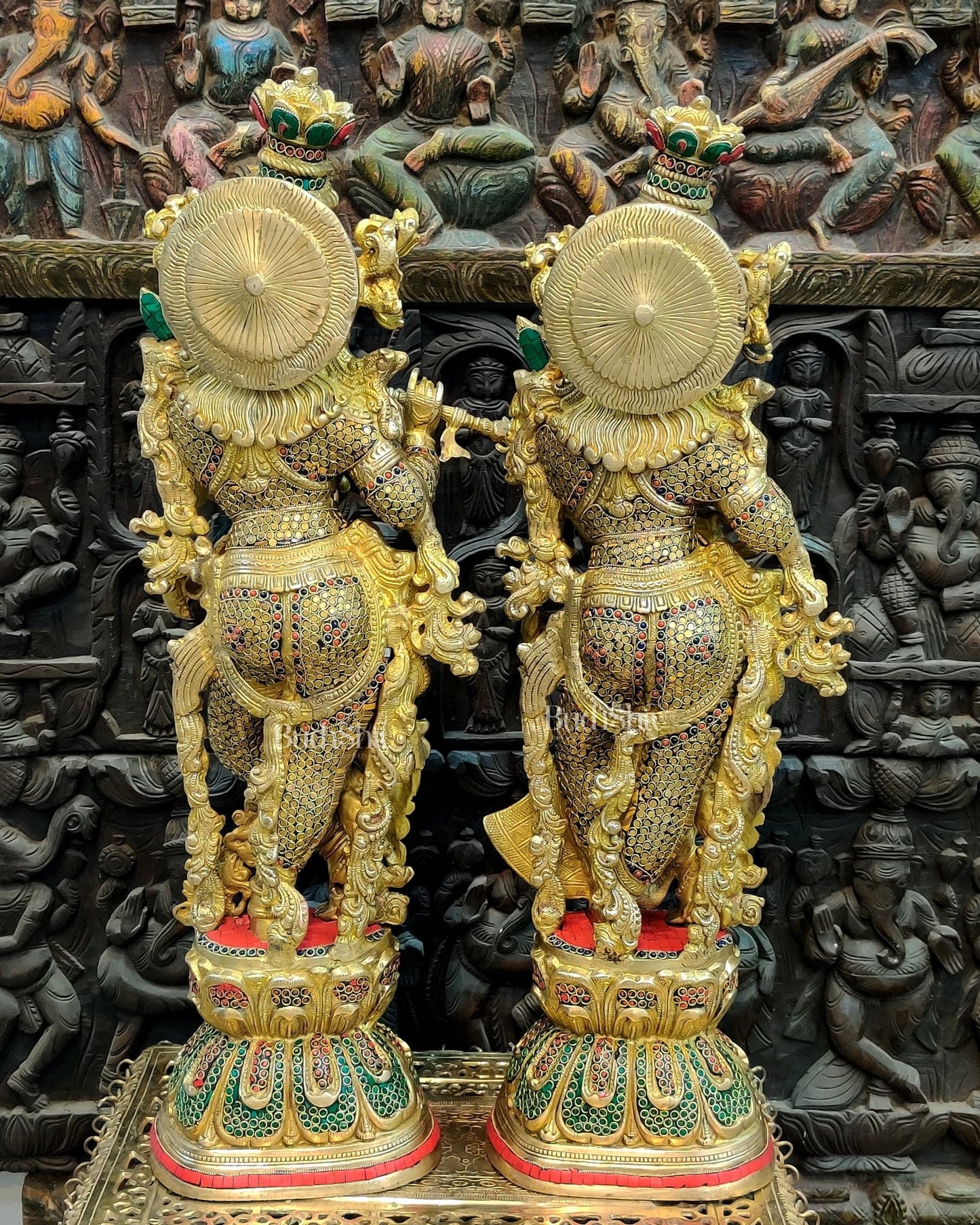 Brass Handmade Radha Krishna Idol Pair with Meenakari Stonework - 30 Inch - Budhshiv.com
