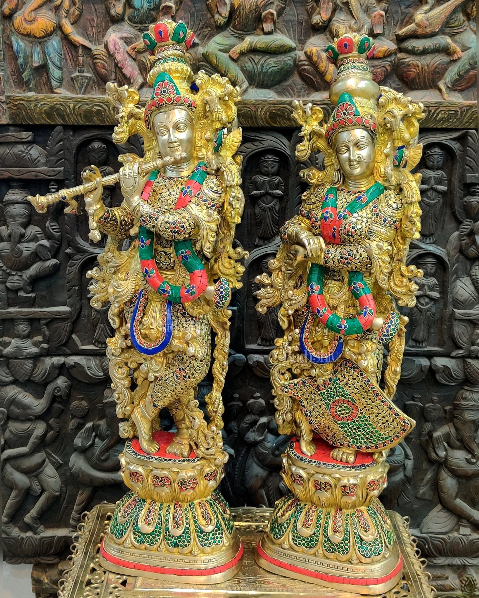 Brass Handmade Radha Krishna Idol Pair with Meenakari Stonework - 30 Inch - Budhshiv.com