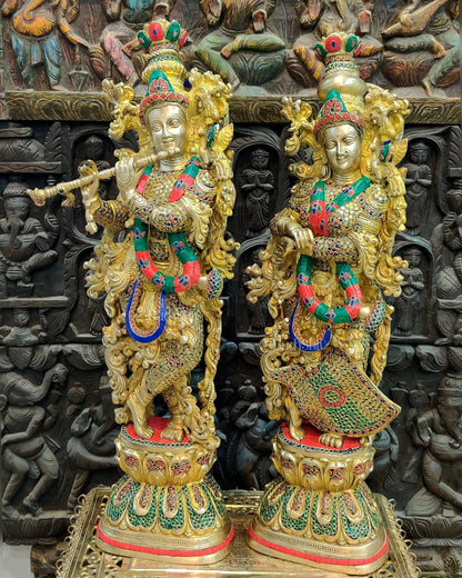Brass Handmade Radha Krishna Idol Pair with Meenakari Stonework - 30 Inch - Budhshiv.com