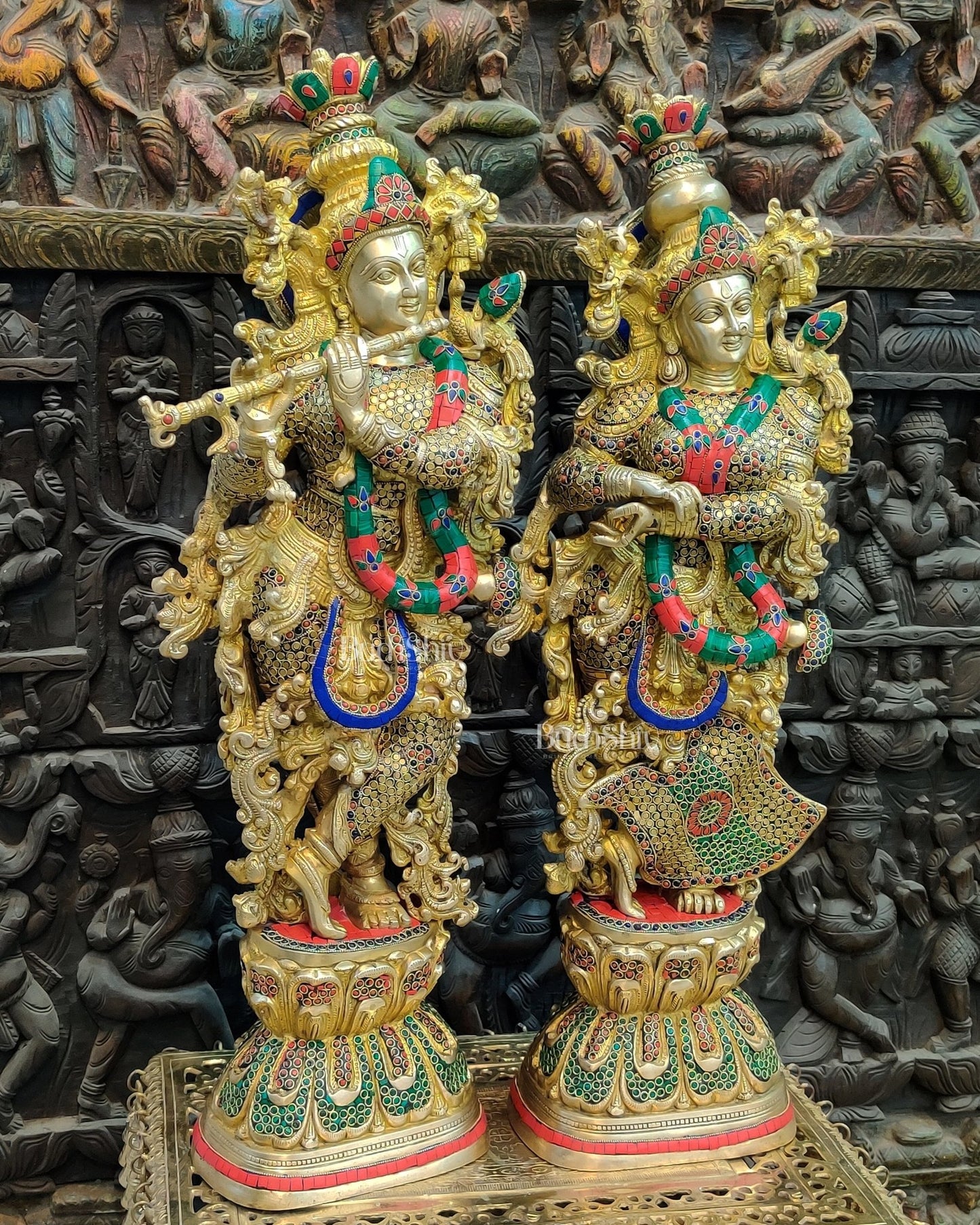 Brass Handmade Radha Krishna Idol Pair with Meenakari Stonework - 30 Inch - Budhshiv.com