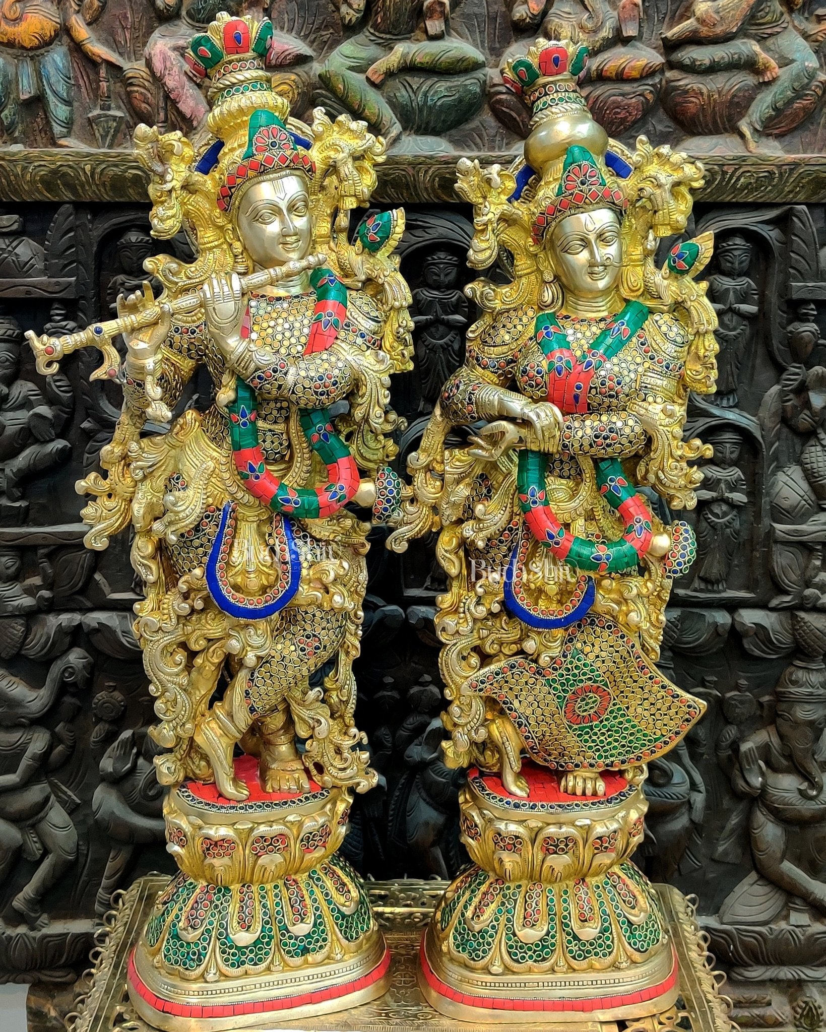 Brass Handmade Radha Krishna Idol Pair with Meenakari Stonework - 30 Inch - Budhshiv.com