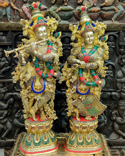 Brass Handmade Radha Krishna Idol Pair with Meenakari Stonework - 30 Inch - Budhshiv.com