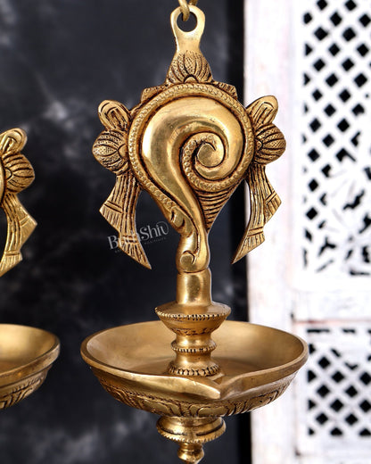 Brass Hanging Shankh and Chakra Lamp with Single Diya — Unique Design - Budhshiv.com